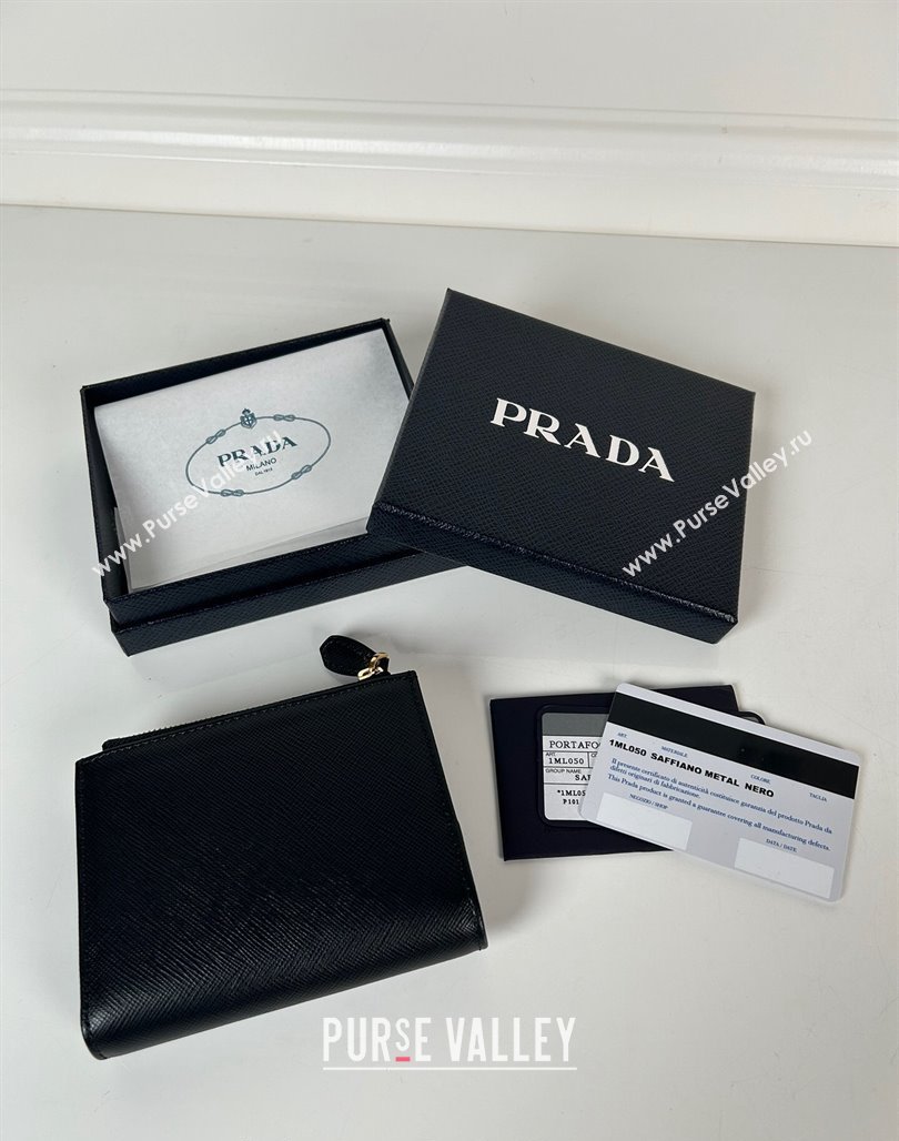 Prada Small Saffiano leather wallet Black/Gold Tiangle 2024 1ML050 (YZ-240624061)