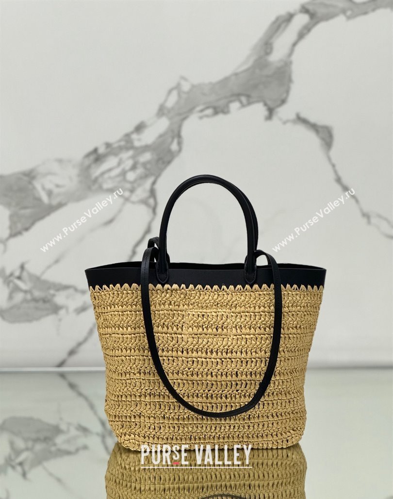 Prada Small crochet straw and leather tote bag Dark Beige/Black 2024 1BG500 (YZ-240624044)