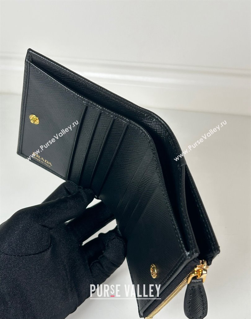 Prada Small Saffiano leather wallet Black/Gold Tiangle 2024 1ML050 (YZ-240624061)