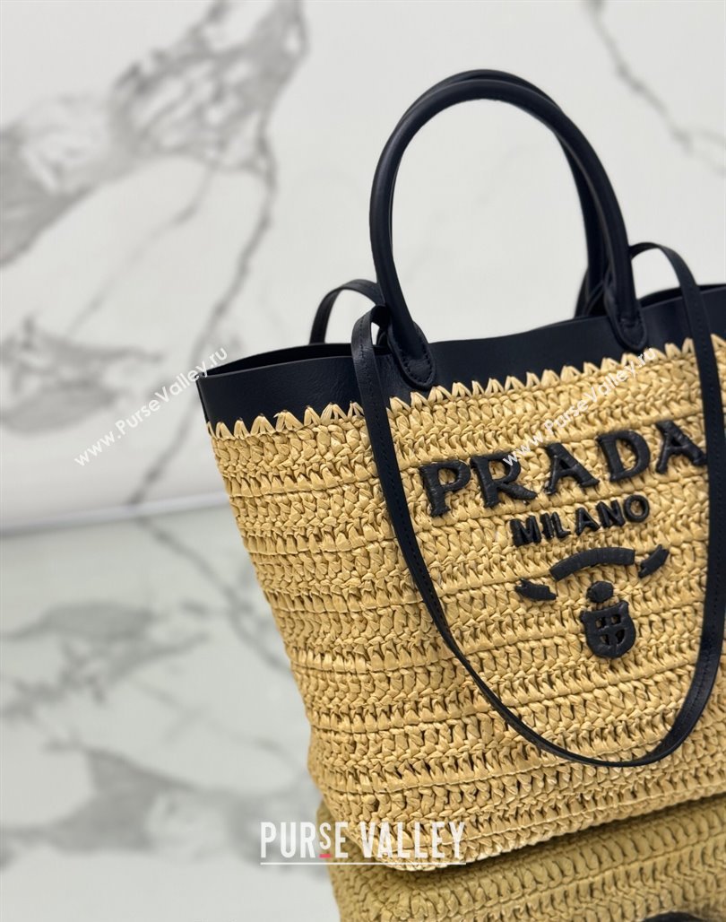 Prada Small crochet straw and leather tote bag Dark Beige/Black 2024 1BG500 (YZ-240624044)