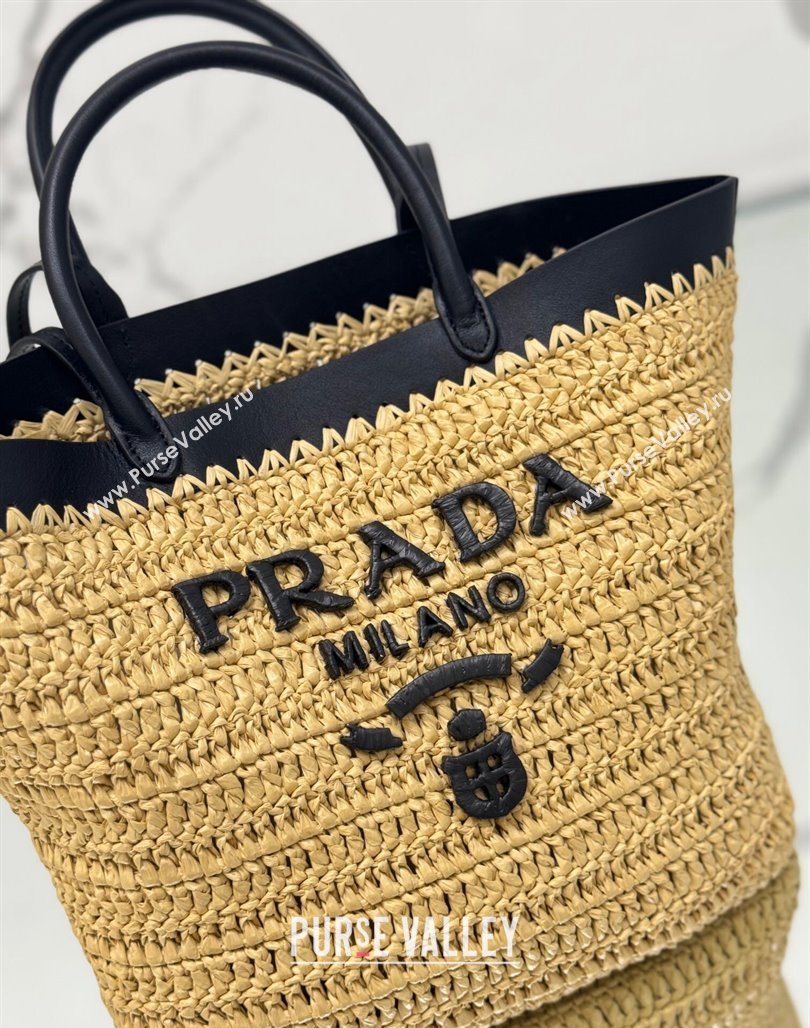 Prada Small crochet straw and leather tote bag Dark Beige/Black 2024 1BG500 (YZ-240624044)