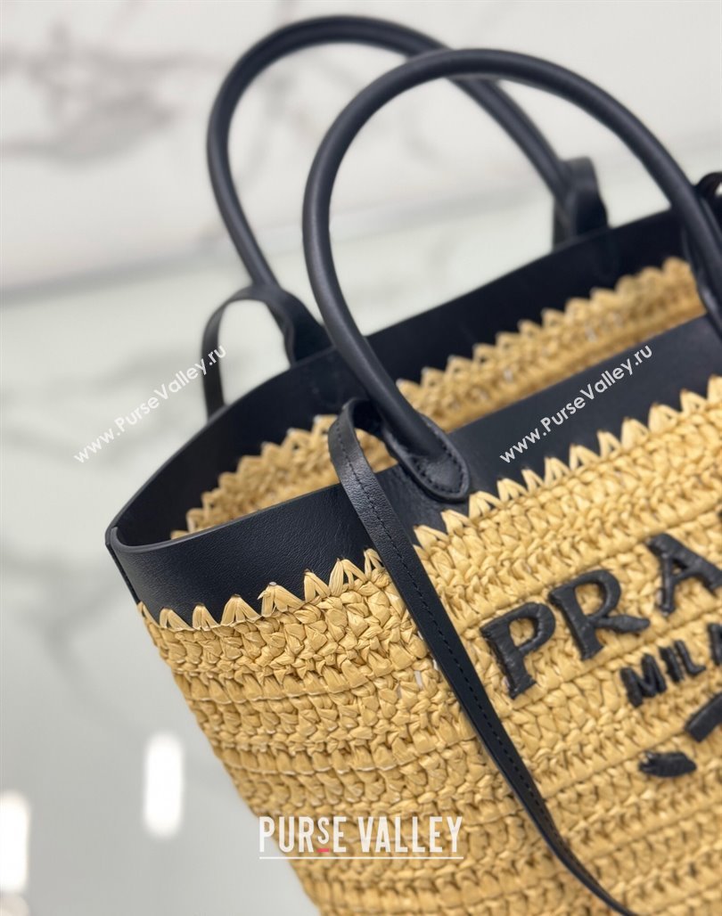 Prada Small crochet straw and leather tote bag Dark Beige/Black 2024 1BG500 (YZ-240624044)