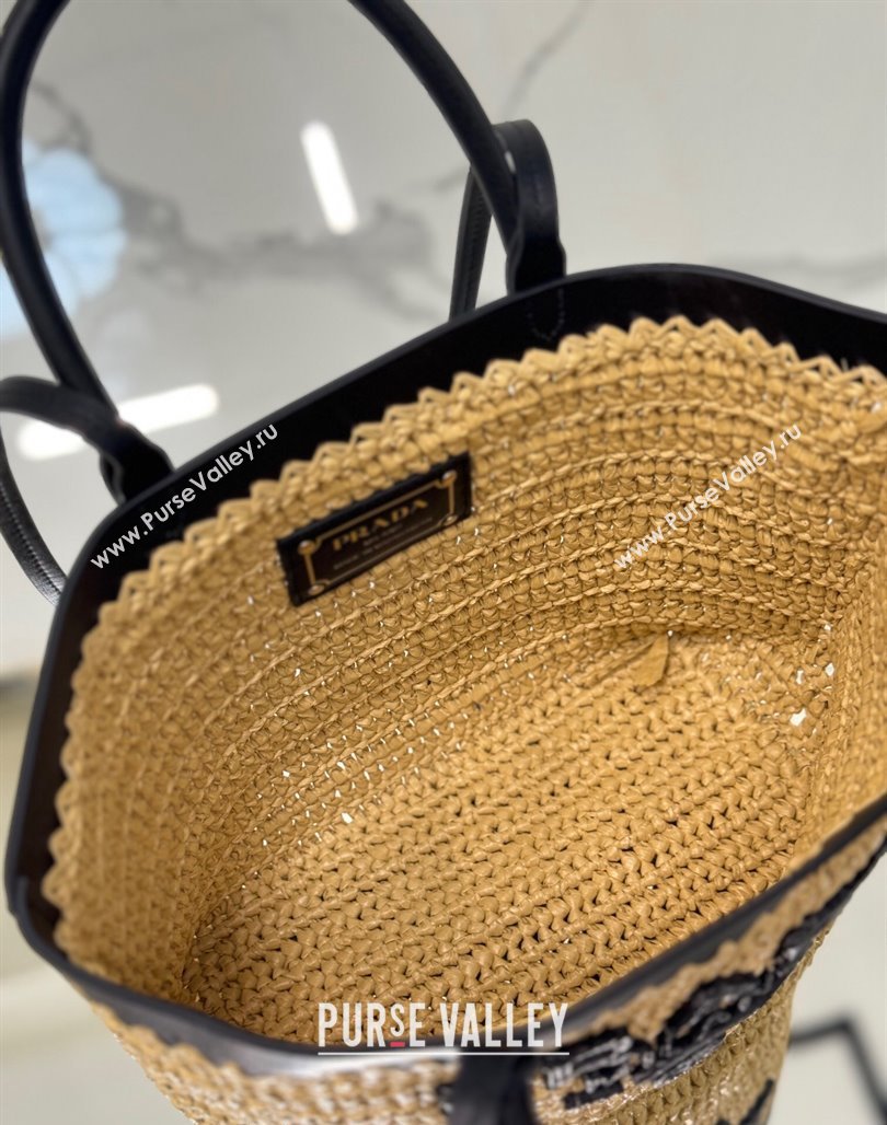 Prada Small crochet straw and leather tote bag Dark Beige/Black 2024 1BG500 (YZ-240624044)