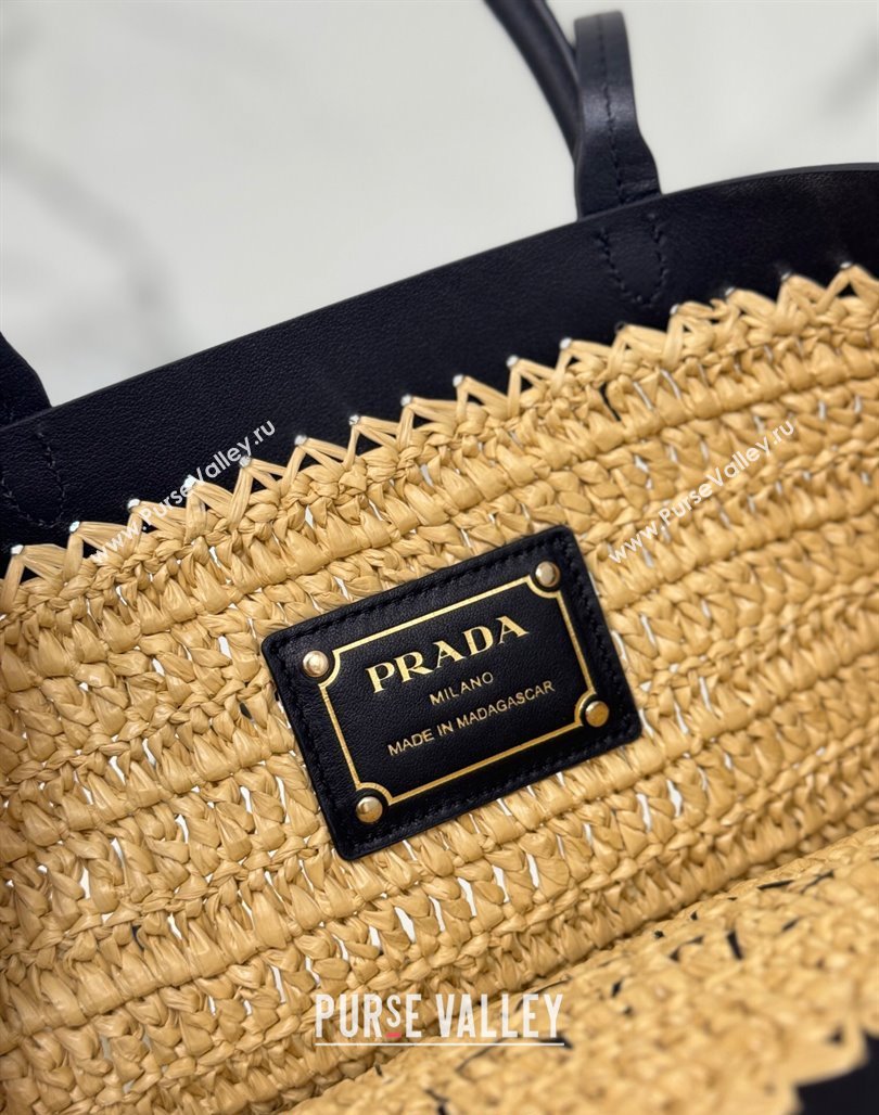 Prada Small crochet straw and leather tote bag Dark Beige/Black 2024 1BG500 (YZ-240624044)