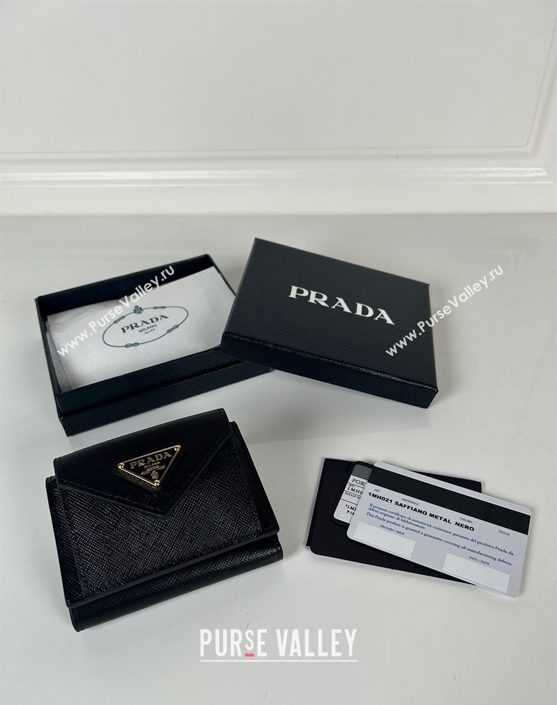 Prada Mini Saffiano leather wallet Black/Gold Tiangle 2024 1MH021 (YZ-240624070)