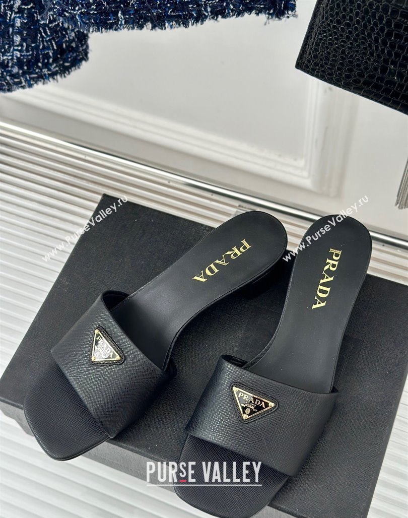 Prada Saffiano Leather Heel Slides Sandal 3.5cm Black 2024 061101 (MD-240704012)