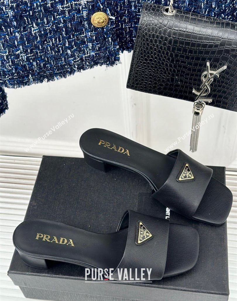 Prada Saffiano Leather Heel Slides Sandal 3.5cm Black 2024 061101 (MD-240704012)