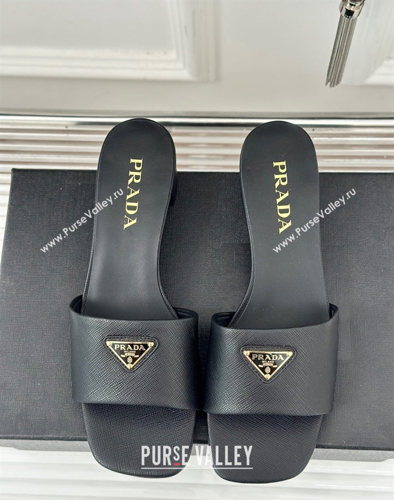 Prada Saffiano Leather Heel Slides Sandal 3.5cm Black 2024 061101 (MD-240704012)