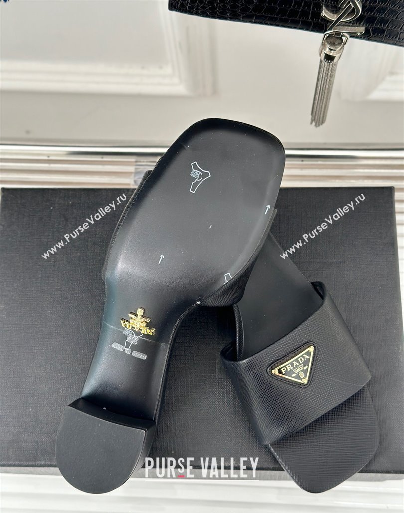 Prada Saffiano Leather Heel Slides Sandal 3.5cm Black 2024 061101 (MD-240704012)