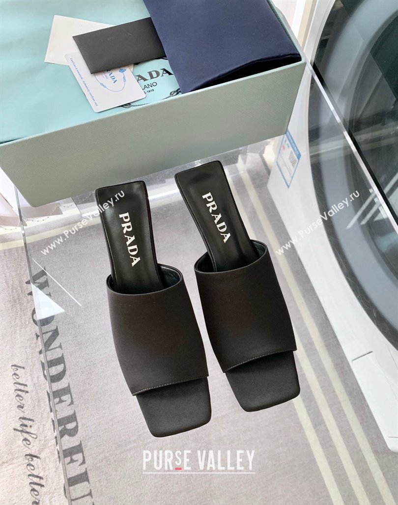 Prada Satin Heel Slide Sandals 3.5cm with Triangle Heel Black 2024 0704 (MD-240704006)