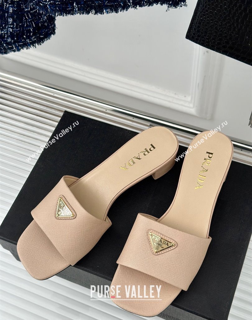 Prada Saffiano Leather Heel Slides Sandal 3.5cm Beige 2024 061101 (MD-240704009)