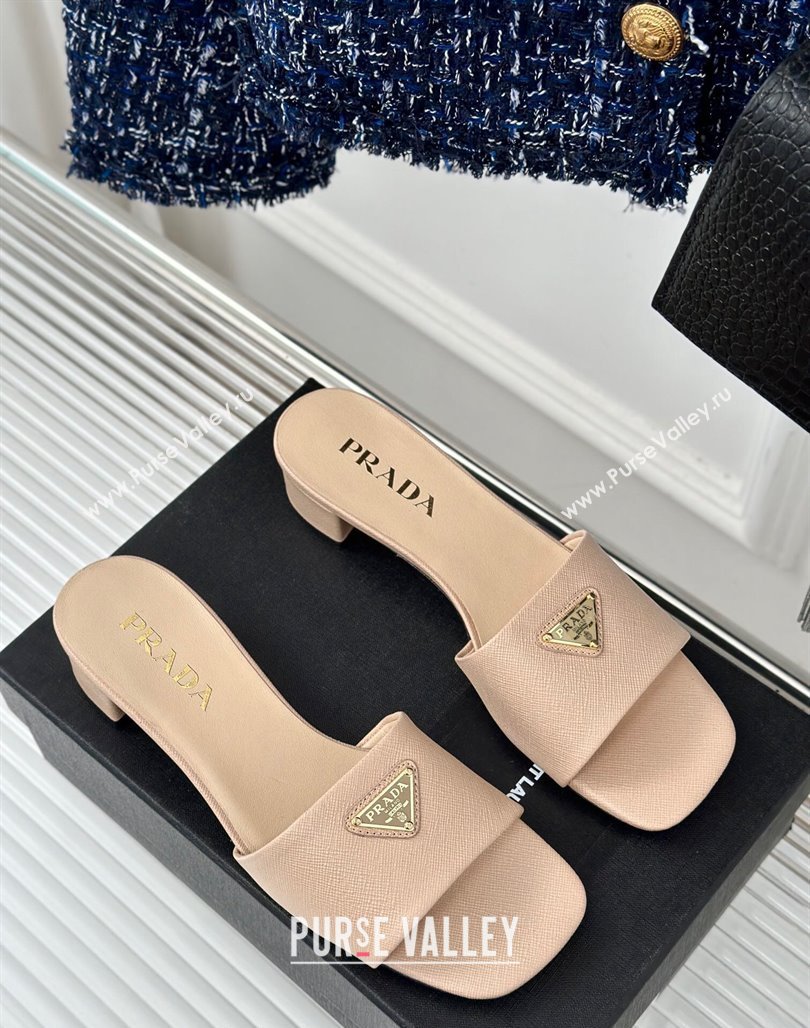 Prada Saffiano Leather Heel Slides Sandal 3.5cm Beige 2024 061101 (MD-240704009)