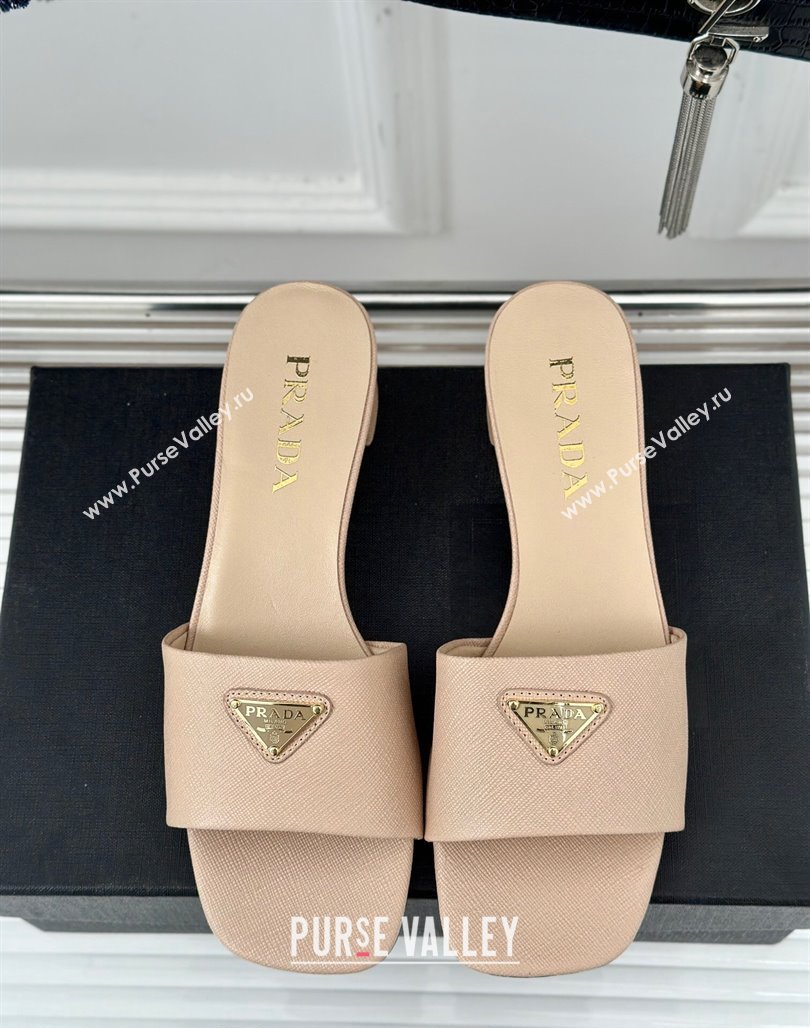 Prada Saffiano Leather Heel Slides Sandal 3.5cm Beige 2024 061101 (MD-240704009)