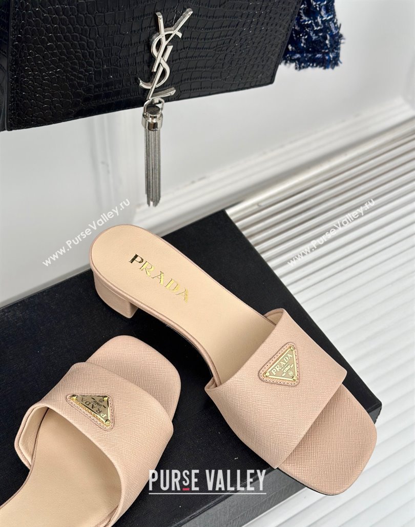 Prada Saffiano Leather Heel Slides Sandal 3.5cm Beige 2024 061101 (MD-240704009)