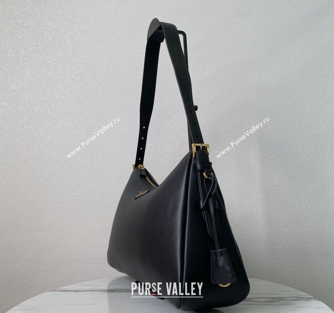 Prada Aimee Leather Hobo Bag 1BC228 Black 2024 (YZ-240715031)