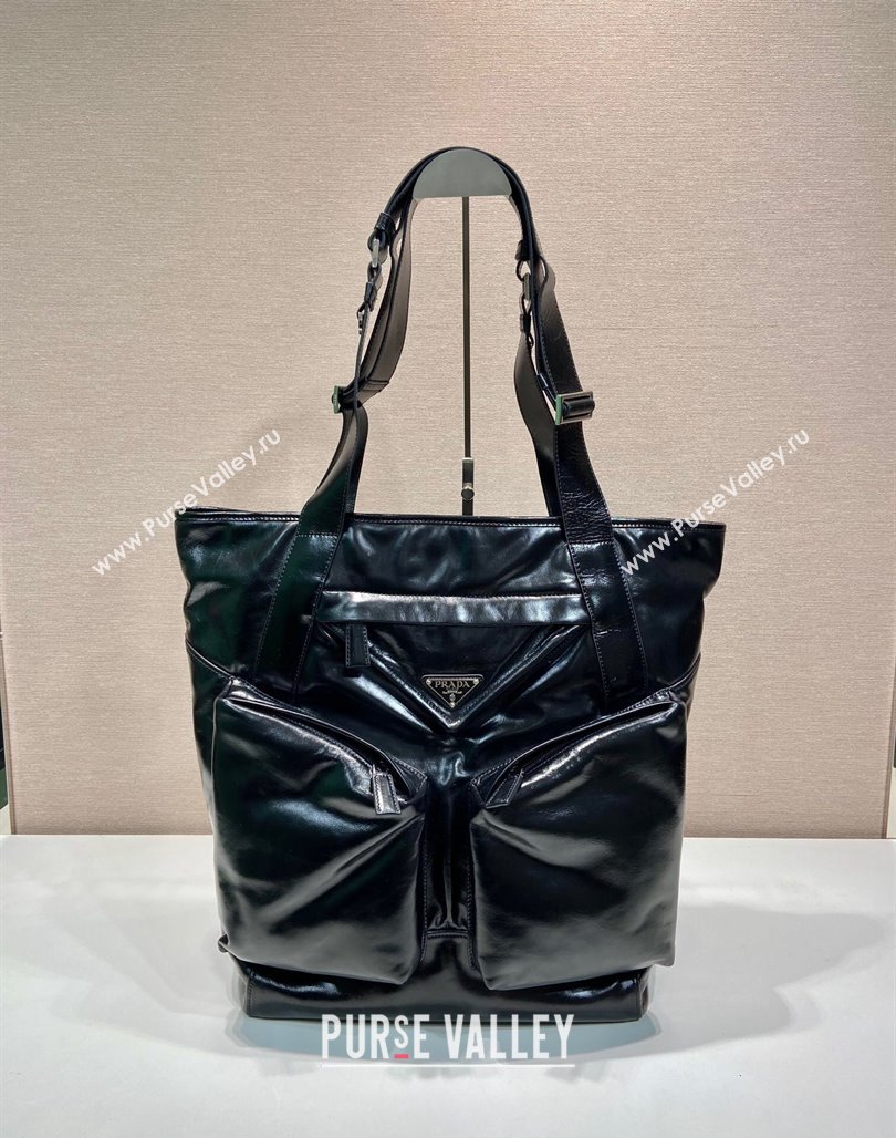 Prada Mens Shiny leather tote bag Black 2024 2VG120 (YZ-240715036)