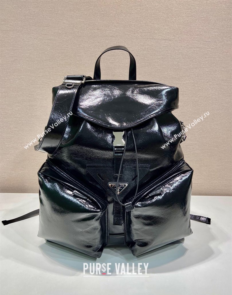 Prada Mens Shiny Leather backpack bag Black 2024 2VZ108 (YZ-240715037)