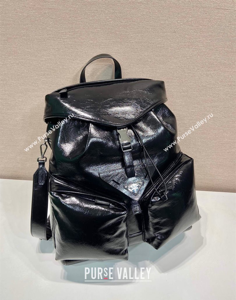 Prada Mens Shiny Leather backpack bag Black 2024 2VZ108 (YZ-240715037)