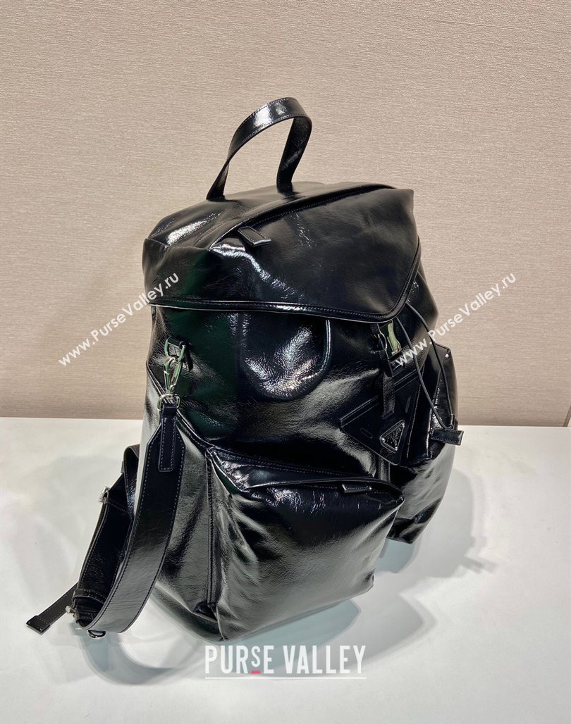 Prada Mens Shiny Leather backpack bag Black 2024 2VZ108 (YZ-240715037)