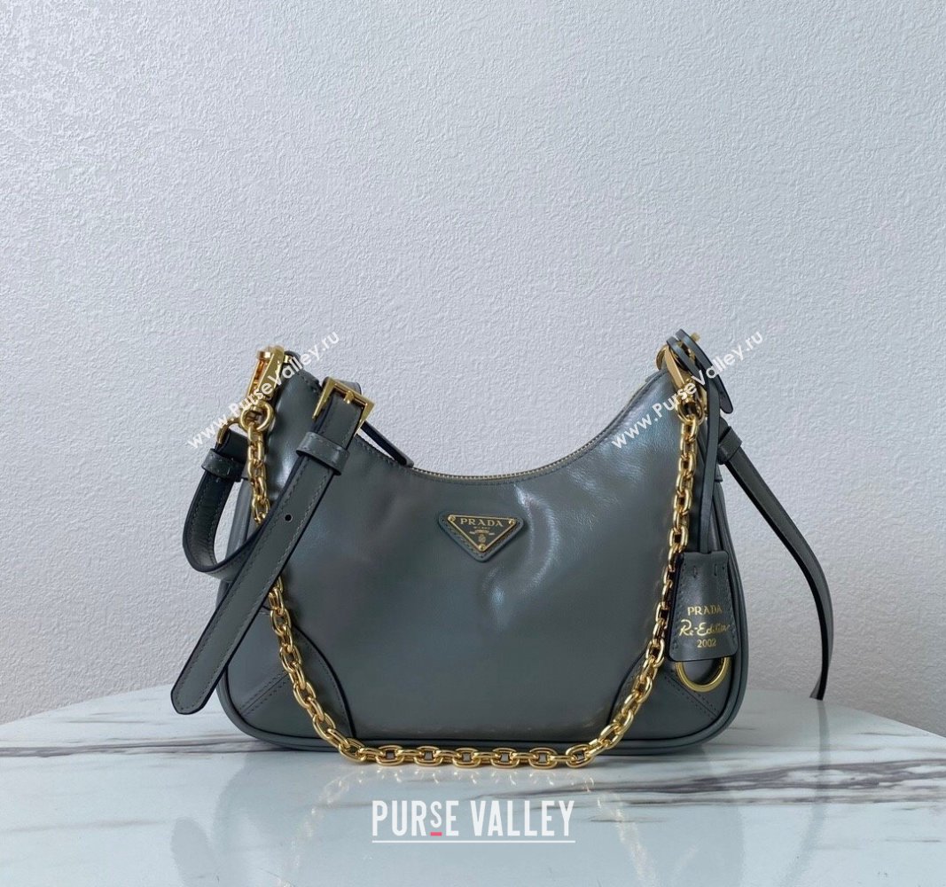 Prada Re-Edition Shiny Leather Hobo mini-bag Grey 2024 1BC204 (YZ-240715053)