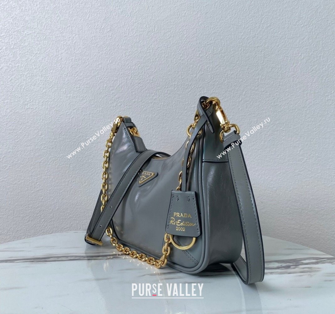 Prada Re-Edition Shiny Leather Hobo mini-bag Grey 2024 1BC204 (YZ-240715053)