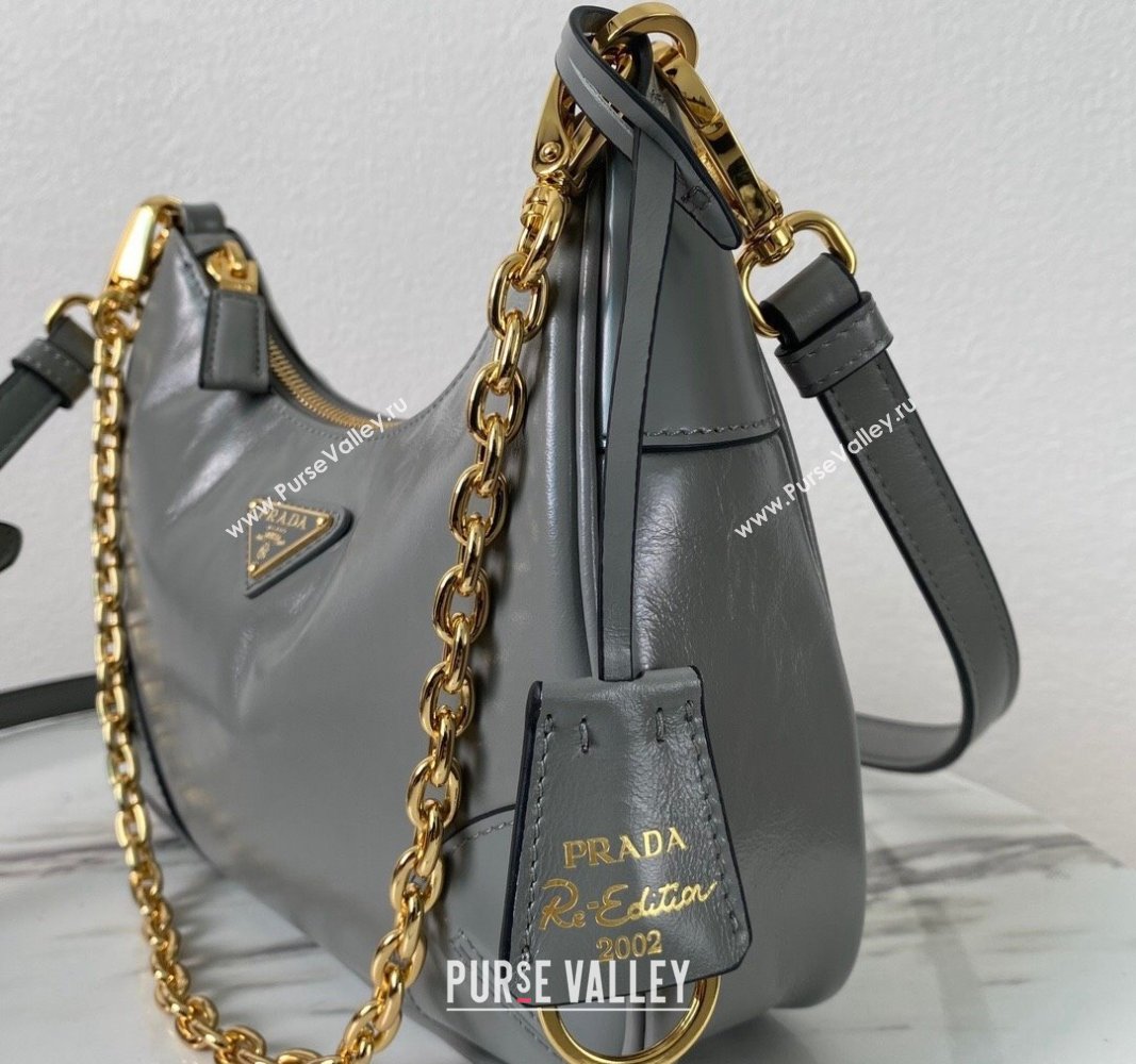 Prada Re-Edition Shiny Leather Hobo mini-bag Grey 2024 1BC204 (YZ-240715053)