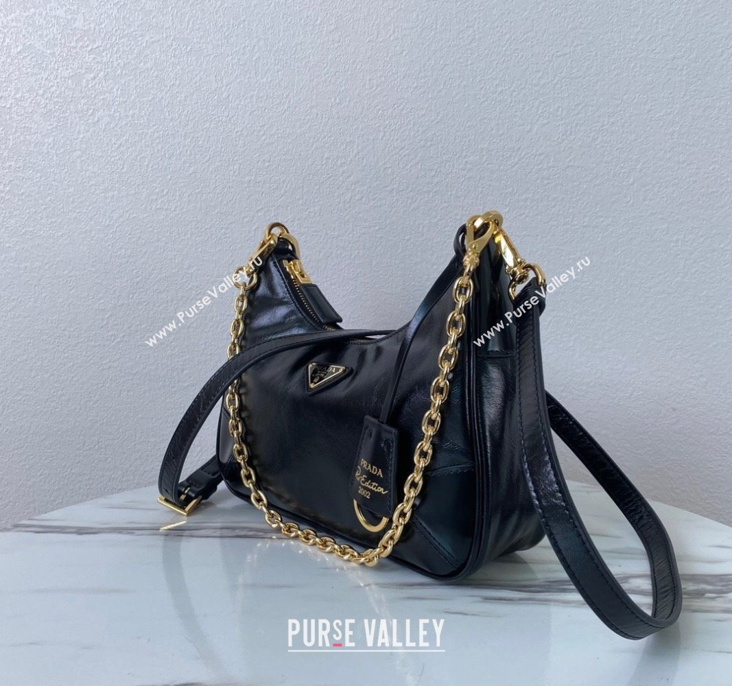 Prada Re-Edition Shiny Leather Hobo mini-bag Black 2024 1BC204 (YZ-240715054)