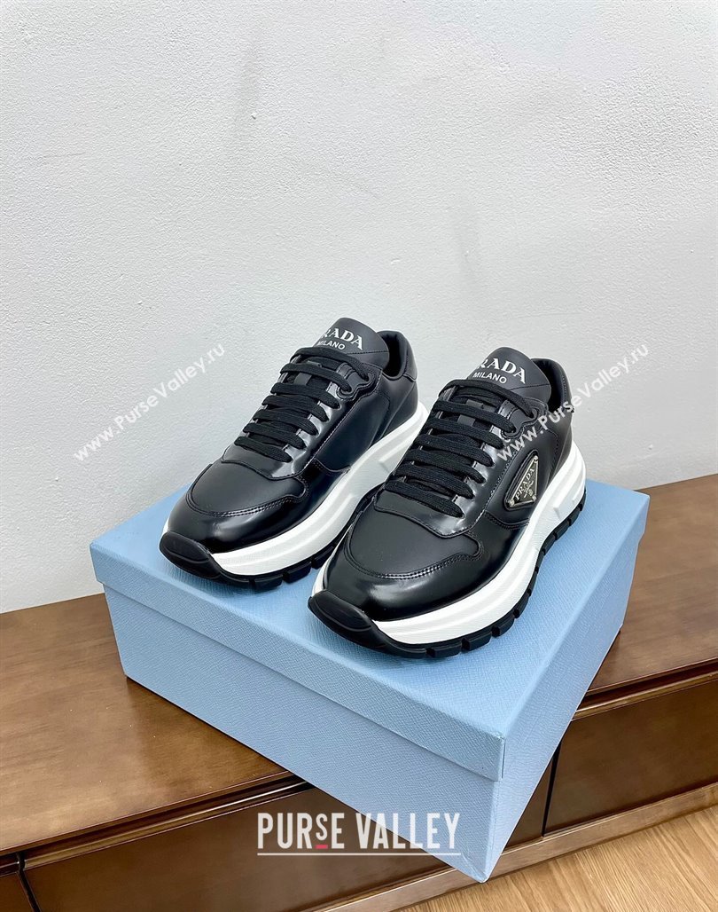 Prada Gabardine Leather Sneakers Black/Silver 2024 071901 (KL-240719122)