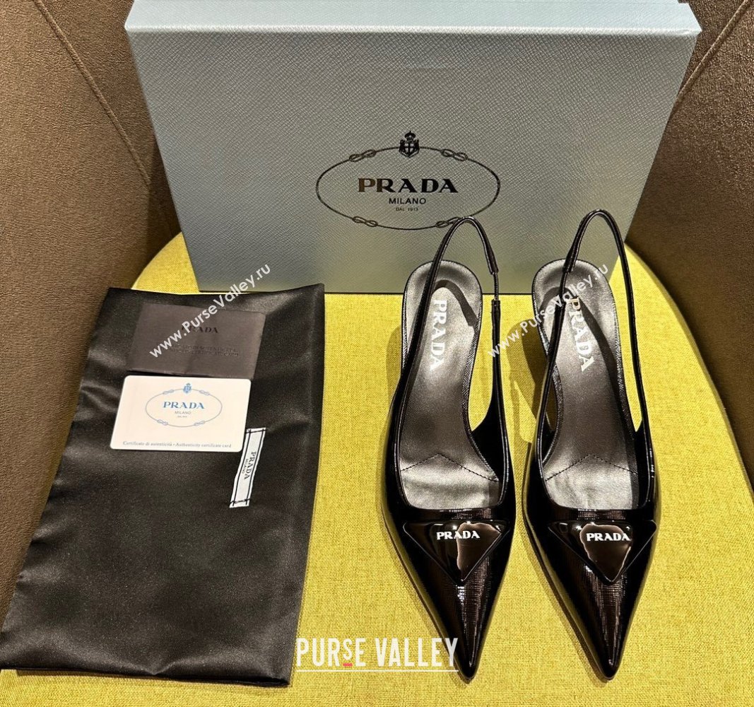 Prada Patent Saffiano Leather Slingback Pumps 5.5/7.5cm Black 2024 072002 (KL-240720009)