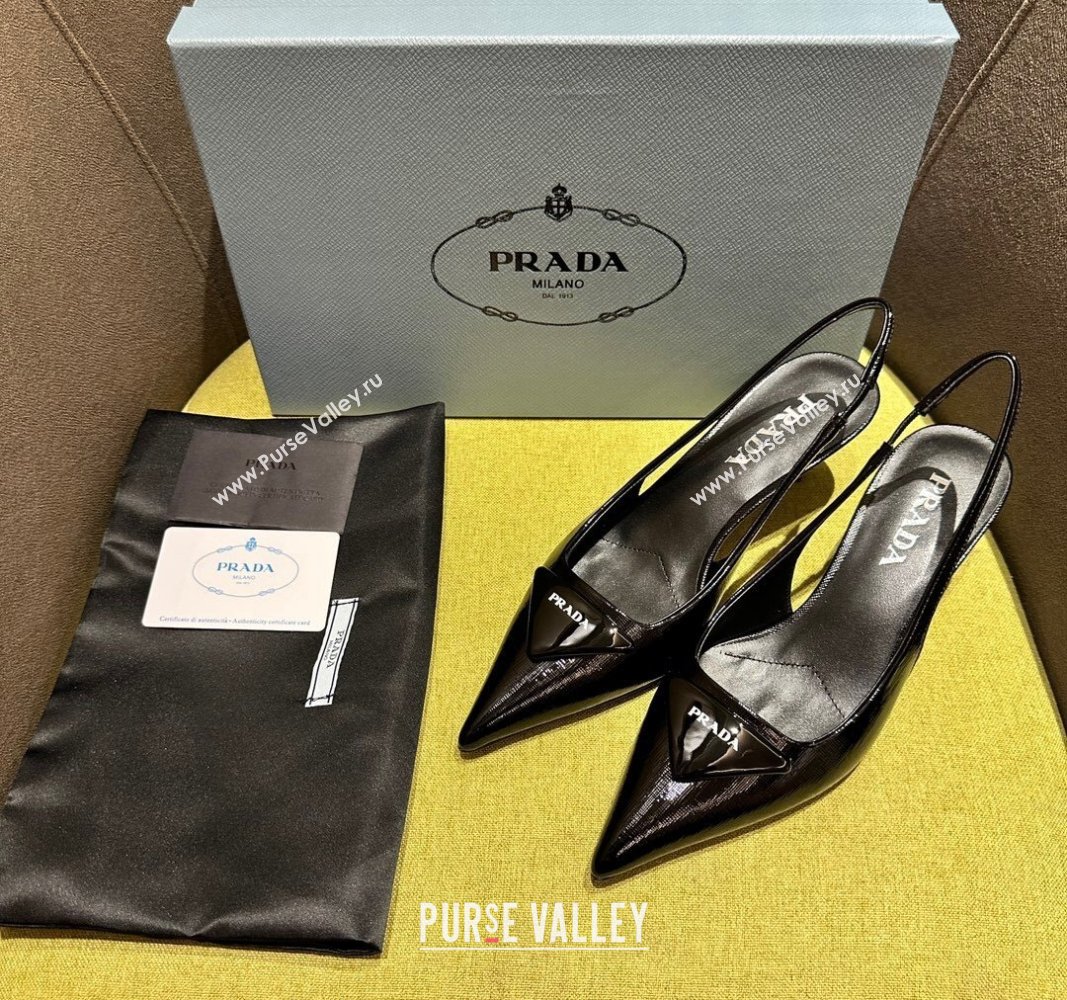 Prada Patent Saffiano Leather Slingback Pumps 5.5/7.5cm Black 2024 072002 (KL-240720009)