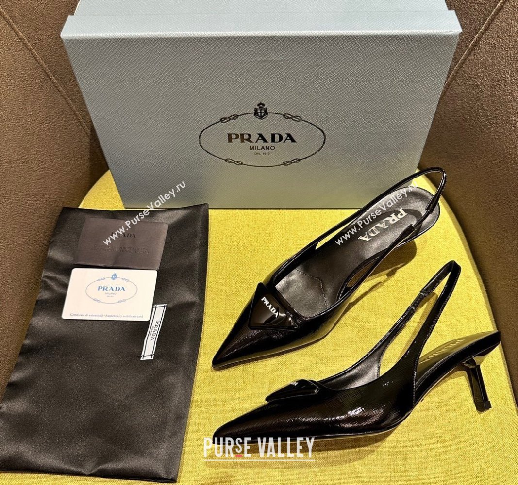 Prada Patent Saffiano Leather Slingback Pumps 5.5/7.5cm Black 2024 072002 (KL-240720009)