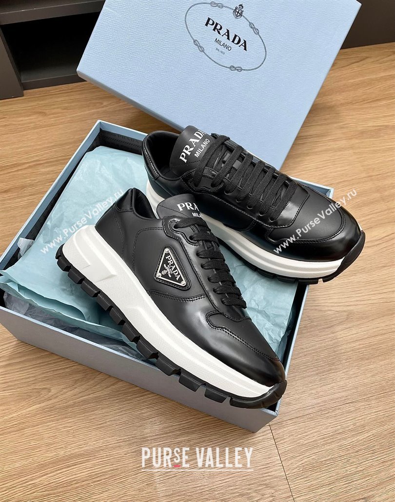 Prada Gabardine Leather Sneakers Black/Silver 2024 071901 (KL-240719122)