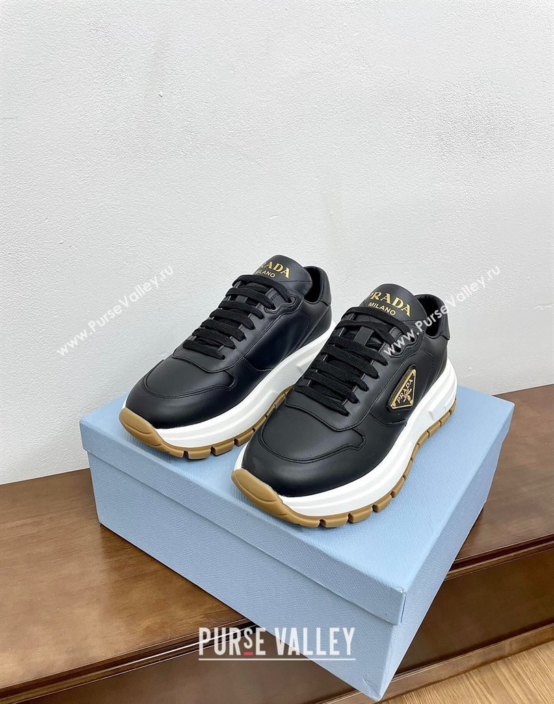 Prada Gabardine Leather Sneakers Black/Gold 2024 071901 (KL-240719121)