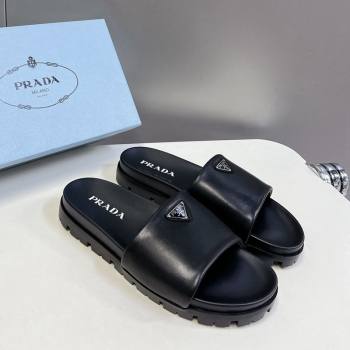 Prada Metal-Tone Tiangle Leather Platform Slides Sandal Black 2024 072003 (MD-240720017)