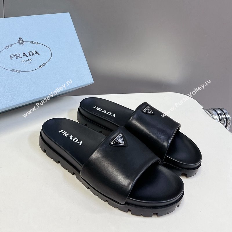 Prada Metal-Tone Tiangle Leather Platform Slides Sandal Black 2024 072003 (MD-240720017)