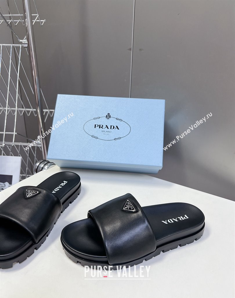 Prada Metal-Tone Tiangle Leather Platform Slides Sandal Black 2024 072003 (MD-240720017)