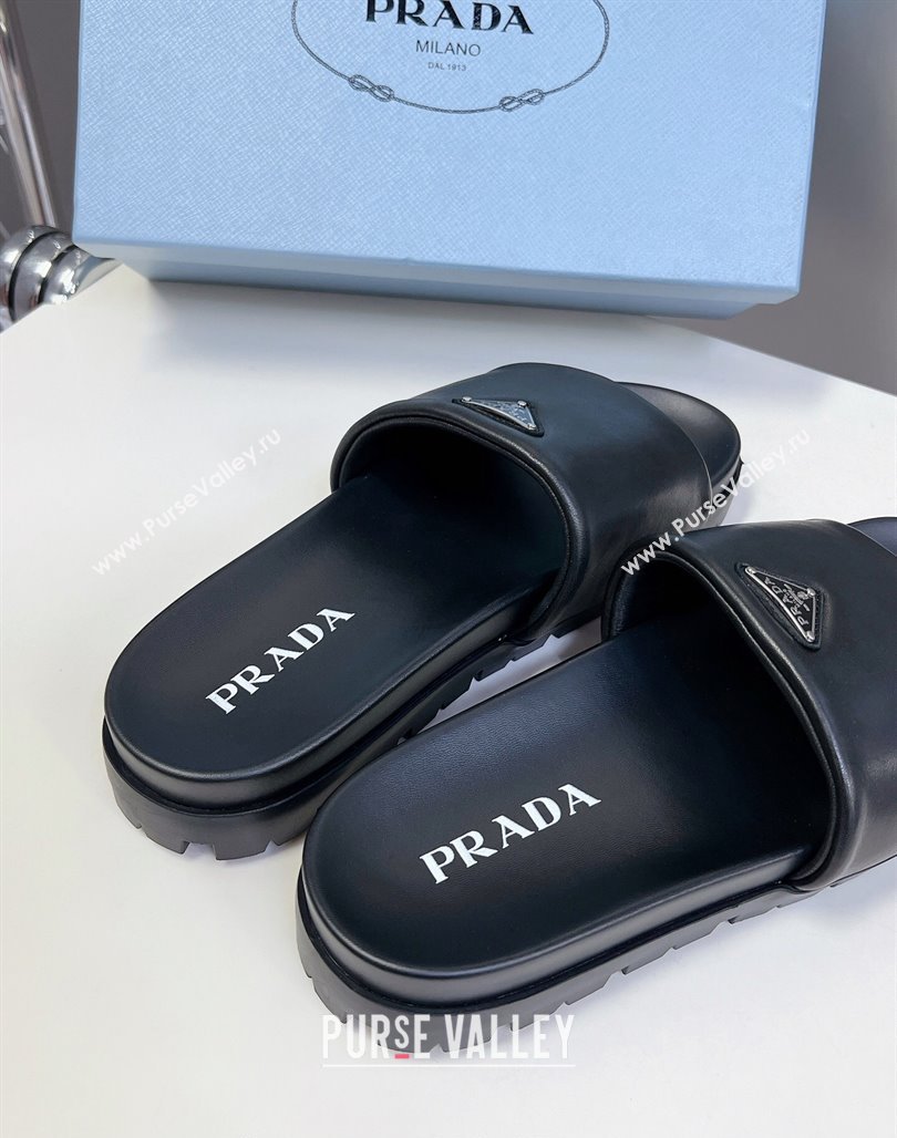 Prada Metal-Tone Tiangle Leather Platform Slides Sandal Black 2024 072003 (MD-240720017)