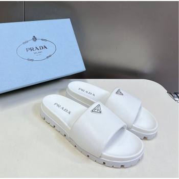 Prada Metal-Tone Tiangle Leather Platform Slides Sandal White 2024 072003 (MD-240720018)