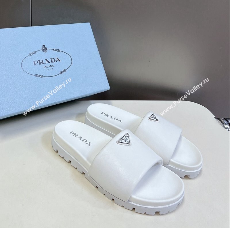 Prada Metal-Tone Tiangle Leather Platform Slides Sandal White 2024 072003 (MD-240720018)