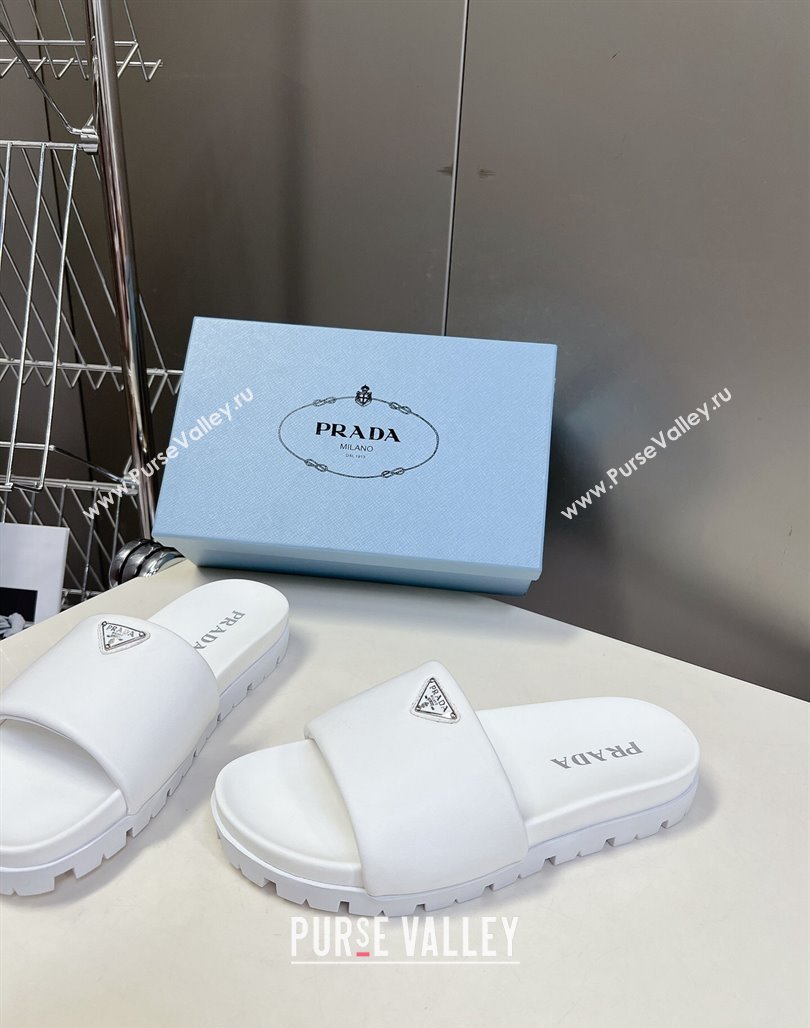 Prada Metal-Tone Tiangle Leather Platform Slides Sandal White 2024 072003 (MD-240720018)