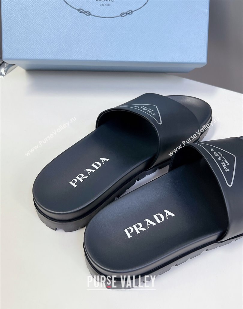 Prada Printed Tiangle Leather Platform Slides Sandal Black 2024 072003 (MD-240720019)