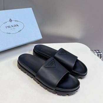 Prada Tiangle Logo Leather Platform Slides Sandal Black 2024 072003 (MD-240720021)