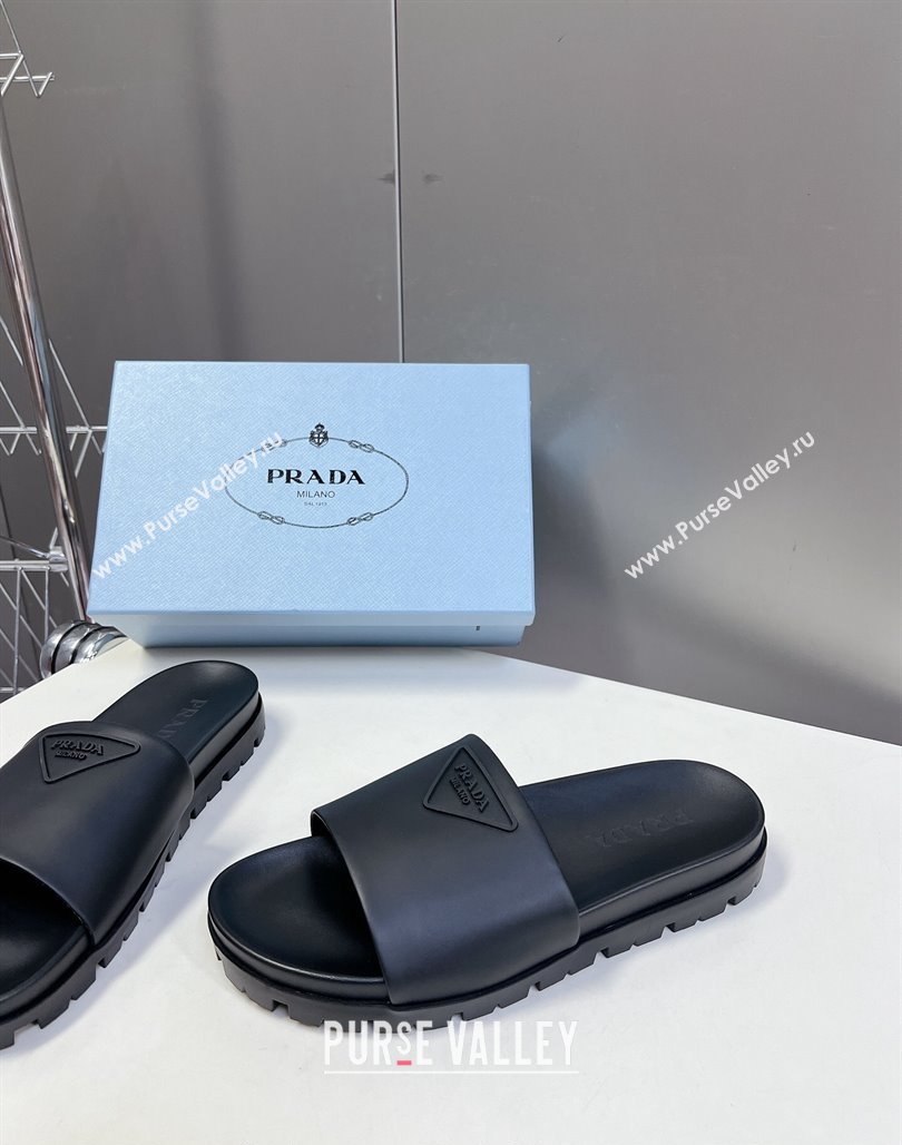 Prada Tiangle Logo Leather Platform Slides Sandal Black 2024 072003 (MD-240720021)