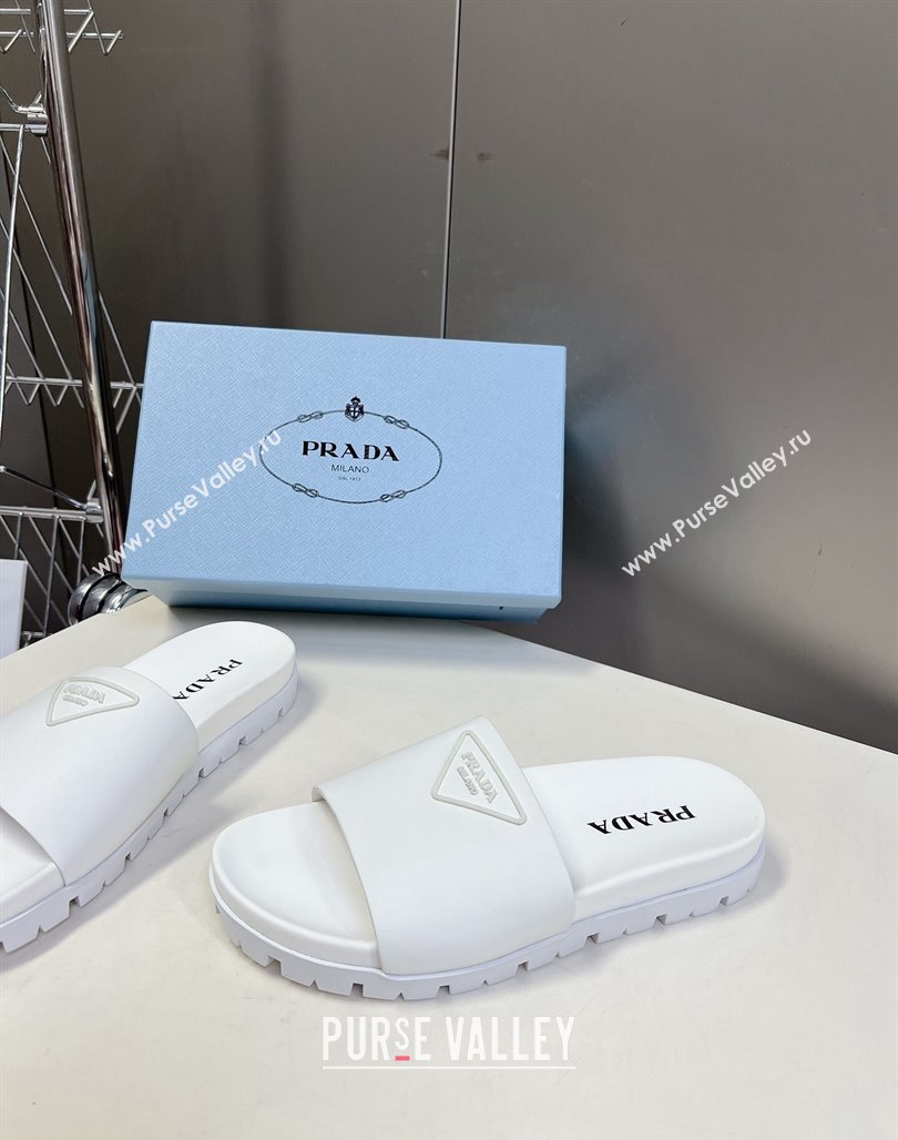 Prada Tiangle Logo Leather Platform Slides Sandal White 2024 072003 (MD-240720022)