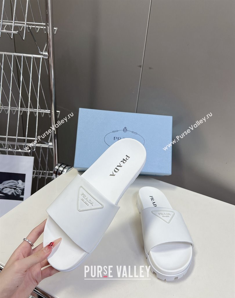 Prada Tiangle Logo Leather Platform Slides Sandal White 2024 072003 (MD-240720022)