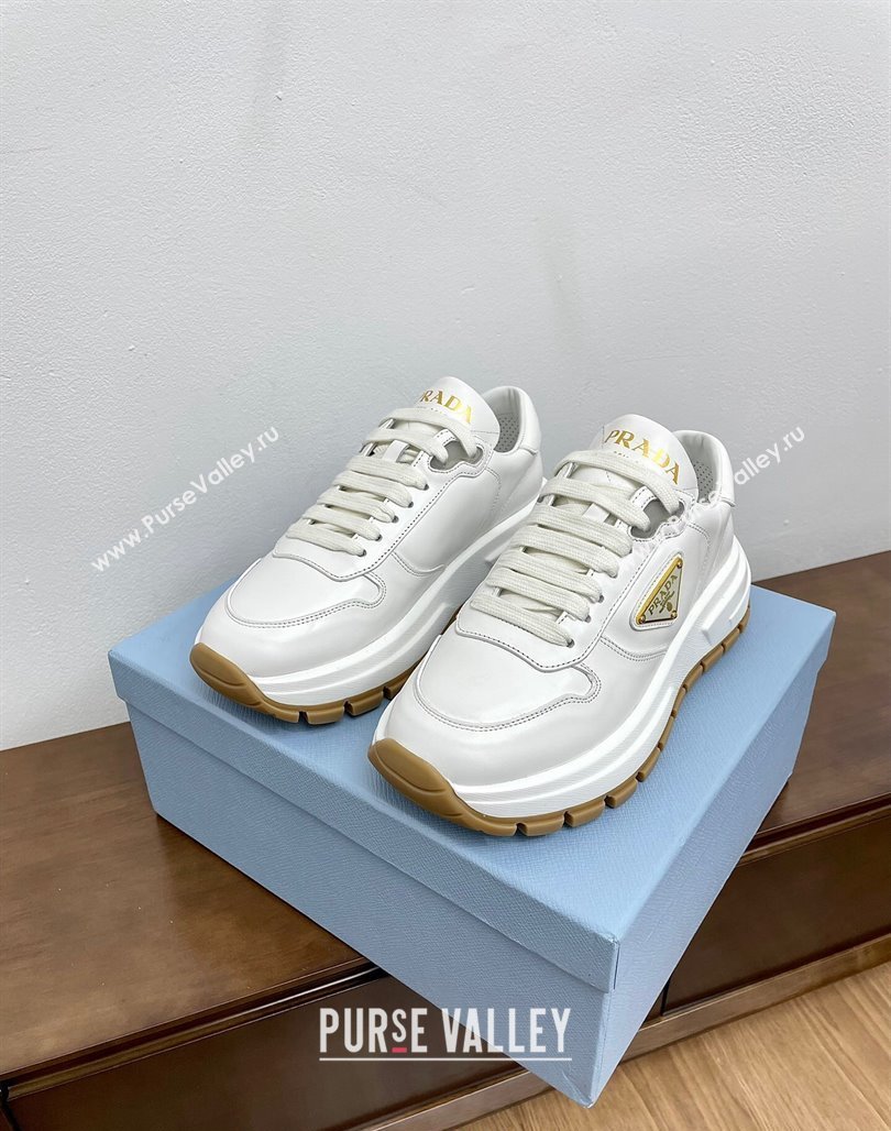 Prada Gabardine Leather Sneakers White/Gold 2024 071901 (KL-240719125)