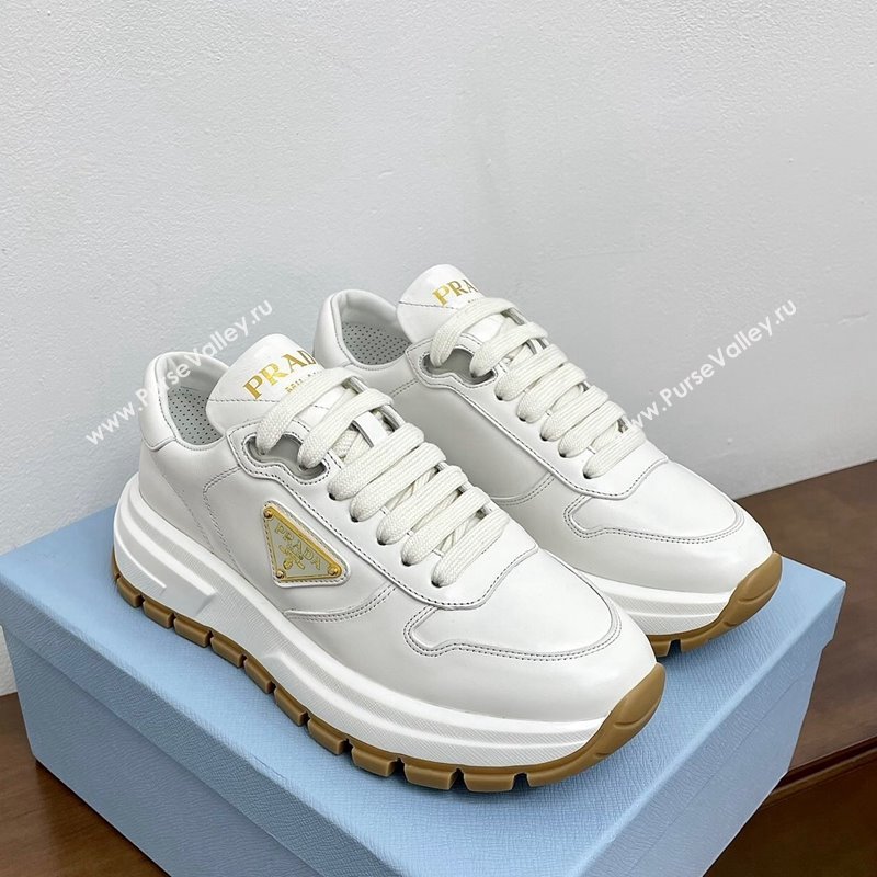 Prada Gabardine Leather Sneakers White/Gold 2024 071901 (KL-240719125)