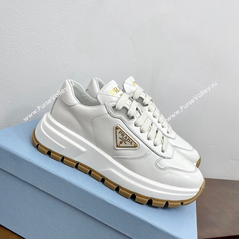 Prada Gabardine Leather Sneakers White/Gold 2024 071901 (KL-240719125)