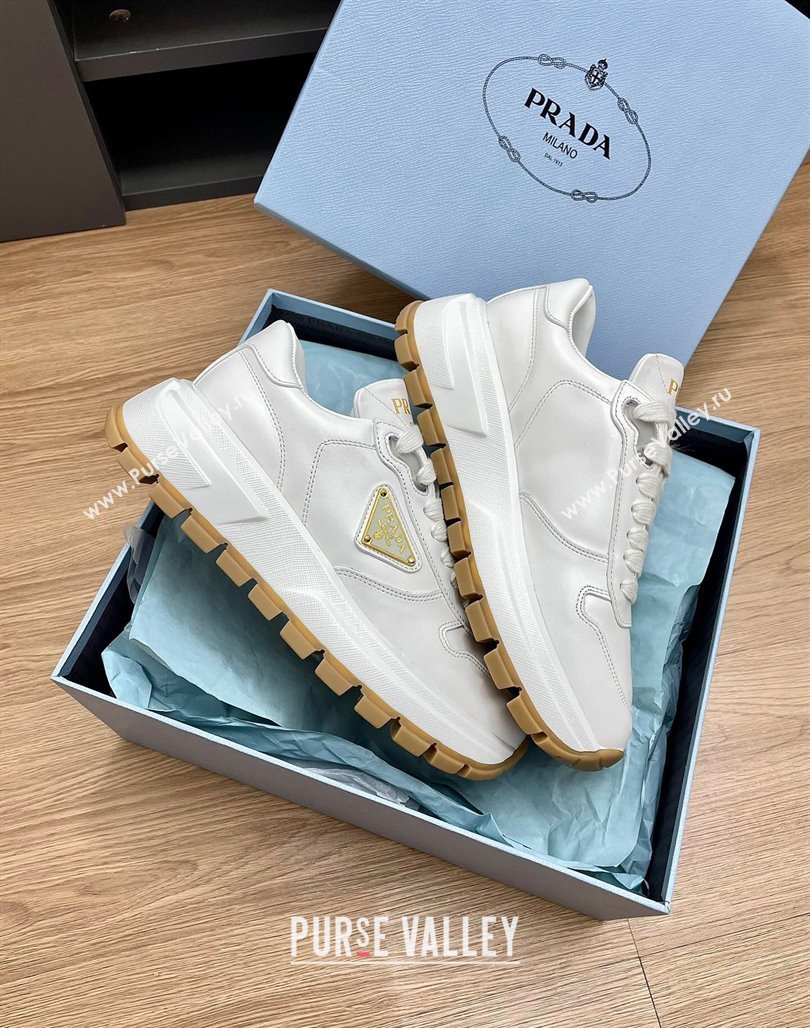 Prada Gabardine Leather Sneakers White/Gold 2024 071901 (KL-240719125)