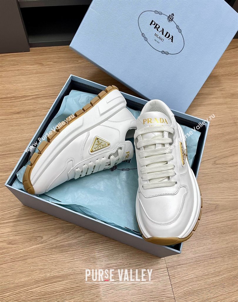 Prada Gabardine Leather Sneakers White/Gold 2024 071901 (KL-240719125)